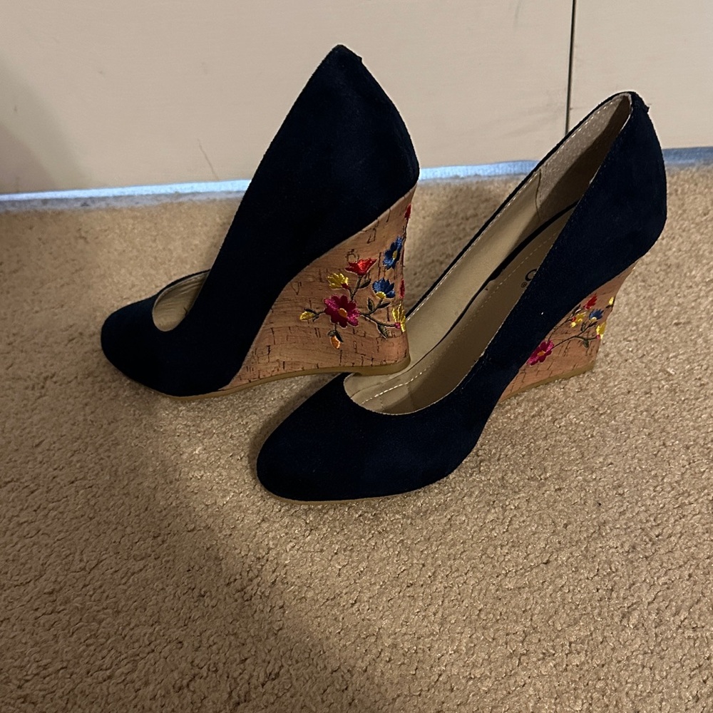 Rialto Navy and Cork Wedges with Floral Embroidery